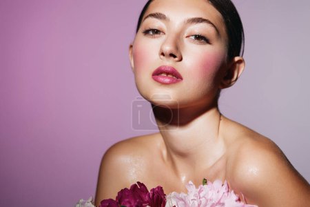 Photo for Woman cosmetology pink face skin makeup beauty bouquet attractive portrait model girl spa glamour lip health make-up fashion flower cosmetic blush - Royalty Free Image
