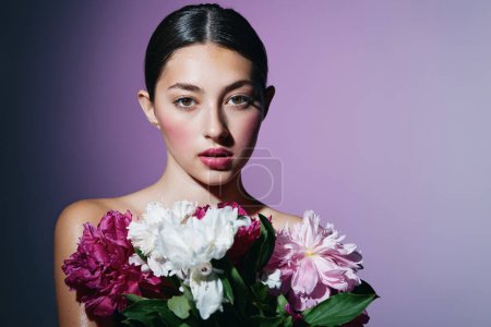 Photo for Beauty woman attractive face portrait lady young head flower model fashion make-up femininity glamour day brunette blush health girl female pink woman - Royalty Free Image