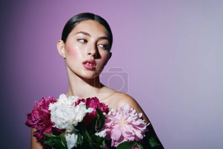 Photo for Woman beautiful flower pink concept blush cosmetic caucasian beauty girl cosmetology portrait health spring healthy closeup make-up model fashion fresh face - Royalty Free Image