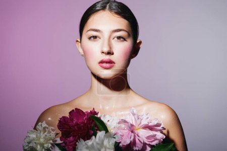 Photo for Woman young glamour female face blush attractive skincare fashion make-up portrait pink lady girl beauty nature model head flower art makeup - Royalty Free Image