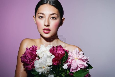 Photo for Woman attractive model romantic make-up young blush health beauty cosmetic summer art pink head portrait girl face caucasian flower spring beautiful - Royalty Free Image