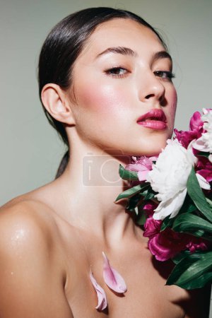 Photo for Portrait woman model skincare face bouquet skin head flower blush fresh white beauty makeup pink lady girl make-up health cosmetic concept - Royalty Free Image