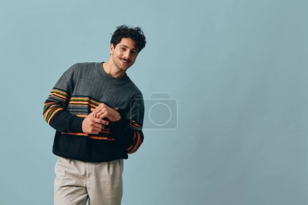 Photo for Copyspace man stylish hipster fashion white handsome smile sweater face mature hair gesture trendy caucasian casual portrait expression male - Royalty Free Image
