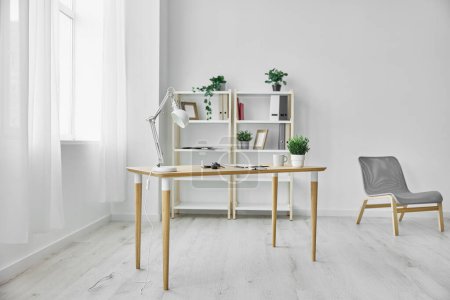 Foto de Fondo blanco planta marco estilo estilo escritorio nadie lámpara pared negocio muebles estudio mesa habitación oficina diseño minimalista interior silla vacía - Imagen libre de derechos