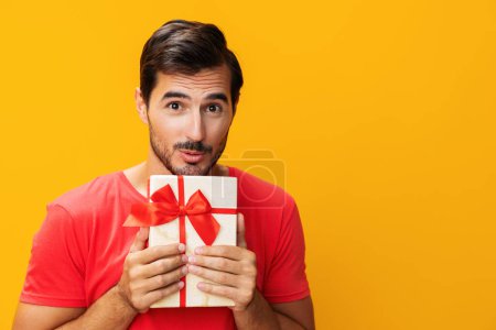 Photo for Birthday man give model surprise sale space holding holiday present box christmas happy box valentine gift studio guy gift party celebration male celebrate copy - Royalty Free Image
