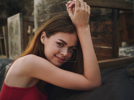 Photo for Portrait of a woman with a beautiful smile with teeth looking into the camera, happiness on the trip. High quality photo - Royalty Free Image