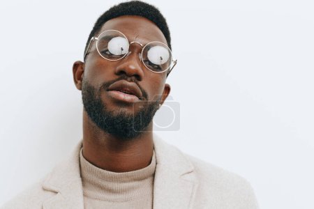 Photo for Man studio american glasses young beige modern jacket happy coiffure elegant style stylish model lifestyle portrait african face american black person fashion - Royalty Free Image