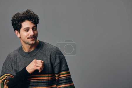 Photo for Man copyspace hispanic fashion casual mature hipster guy trendy happiness portrait face isolated natural sweater cool handsome smile model confident - Royalty Free Image