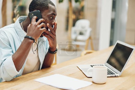 Photo for Working man talk young professional businessman workplace business male sitting black office entrepreneur technology job computer phone laptop adult person manager - Royalty Free Image