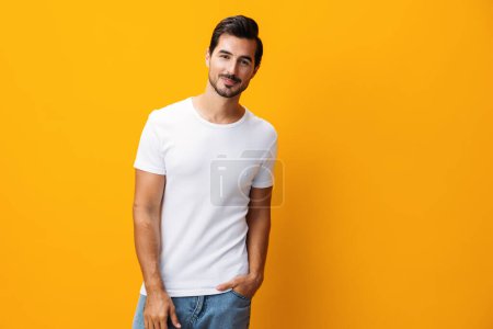 Photo for Shirt man clothing view copy portrait yellow model space white lifestyle template blank clothes studio casual cheerful t-shirt fashion mockup casual isolated smile design front jeans background - Royalty Free Image