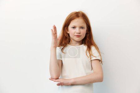 Photo for Kid person background little gesture hand female face unhappy young cute isolated studio children girl beautiful portrait caucasian expression - Royalty Free Image