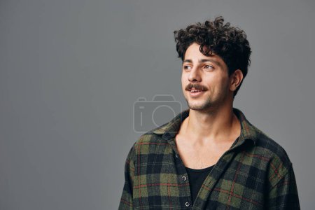 Photo for Joyful man smile person copyspace hand trendy modern face male look cool hipster caucasian checkered fashion background beautiful white standing portrait handsome shirt - Royalty Free Image