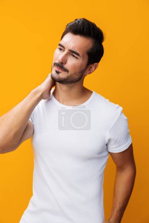 Photo for Clothes man template smile mockup blank model front casual view design portrait background shirt clothing cheerful white yellow casual lifestyle copy jeans t-shirt isolated studio space - Royalty Free Image