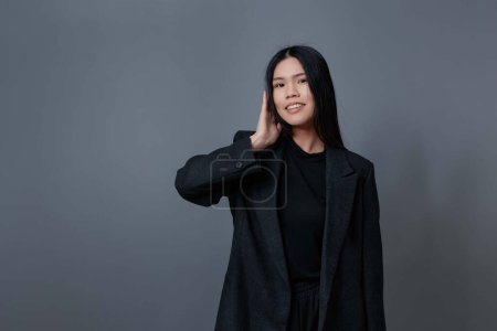Photo for Woman gray girl clothing portrait asian brunette smile cute beauty studio trendy coat fashion autumn beautiful fall hair lifestyle model - Royalty Free Image