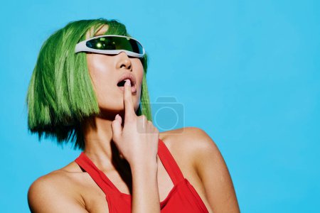 Photo for Woman attractive summer one fashion swimsuit eyes emotion stylish smile fun asian wig portrait casual black sunglasses trendy wow beauty surprised - Royalty Free Image