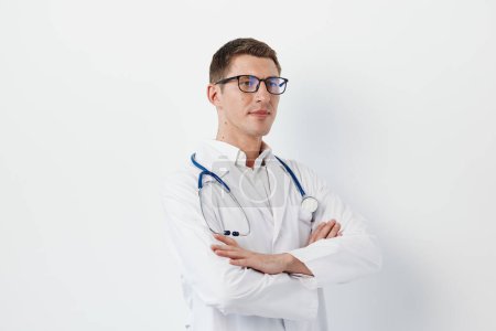 Photo for Stethoscope man caucasian care professional hospital portrait physician background confidence person adult medic profession health young health man clinic medicine doctor - Royalty Free Image