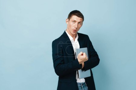 Photo for Expression employee serious suit hold emotion standing manager problem handsome grey shirt showing guy executive men gesture career men confident model success formal - Royalty Free Image
