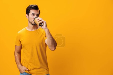 Photo for T-shirt man drink copy fashion space happy studio pink coffee sleep tea isolated cup hipster smile student paper background mug hot energy - Royalty Free Image