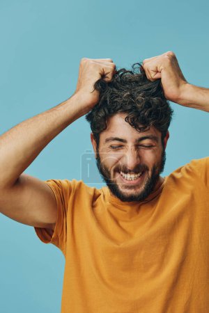 Photo for Man face white expression portrait handsome adult student caucasian happy crazy mad emotion young hair beard person background attractive guy - Royalty Free Image