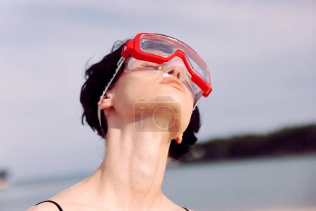 Photo for Cheerful Woman Snorkeling in Red Fashion Mask, Smiling Portrait on Tropical Beach - Royalty Free Image