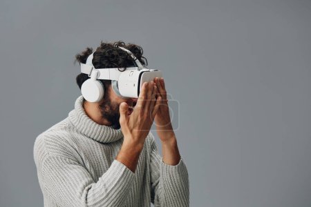 Photo for Man glasses game gadget futuristic wearable simulator person reality vr technology tech young entertainment modern headset goggles virtual video innovation equipment digital device - Royalty Free Image