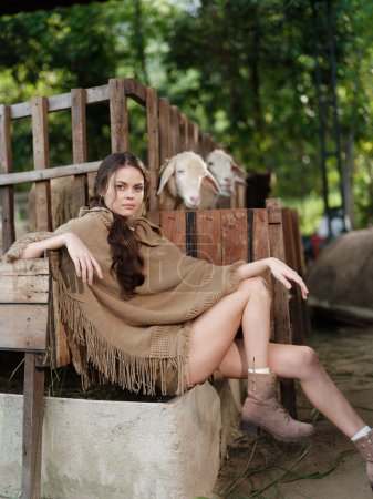 Téléchargez les photos : Une femme assise sur un banc de bois à côté d'une chèvre dans un champ avec des arbres en arrière-plan - en image libre de droit
