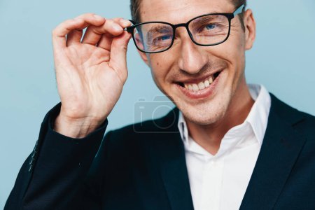 Photo for Man confident adult face eyeglasses office caucasian business person glasses man happy closeup modern handsome background young businessman guy attractive professional portrait smile - Royalty Free Image