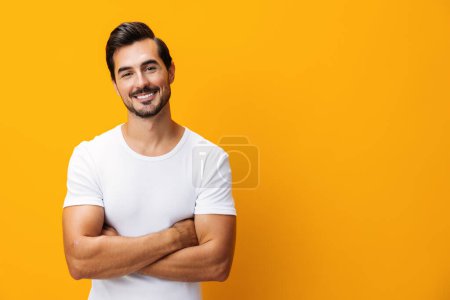 Photo for Man smile front clothes cheerful jeans view casual shirt t-shirt blank white background mockup studio template space casual clothing model portrait yellow lifestyle copy isolated - Royalty Free Image