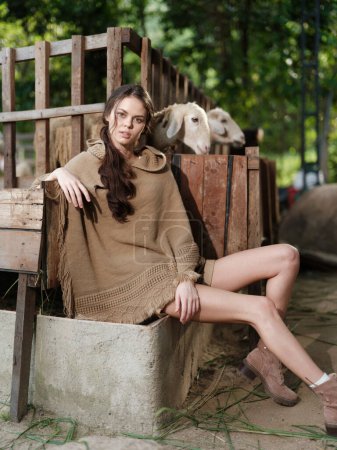 Une femme assise sur un banc en bois avec deux moutons derrière elle sur un chemin de terre