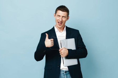 Photo for Young man handsome paper businessman white portrait space adult isolated business happy person smile background hand caucasian presentation executive confident background man showing guy - Royalty Free Image