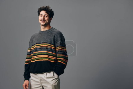 Photo for Hipster man smile caucasian mature handsome standing one positive copyspace portrait person casual joyful fashion trendy sweater happiness face - Royalty Free Image