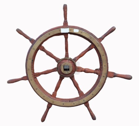 Photo for Wooden ship steering with multiple wheel parts and numbers on it - Royalty Free Image
