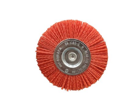 Photo for Close-up of a red abrasive flap disc for metal finishing - Royalty Free Image