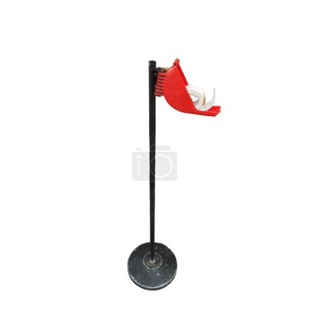 Industrial red tape dispenser on a free-standing metal pole, with a white background