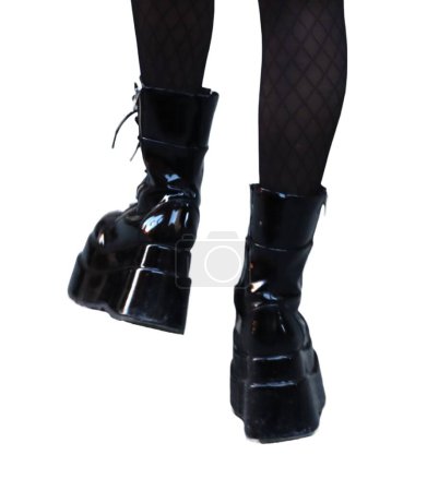 Photo for Shiny black platform boots paired with fishnet stockings, isolated on a white background - Royalty Free Image