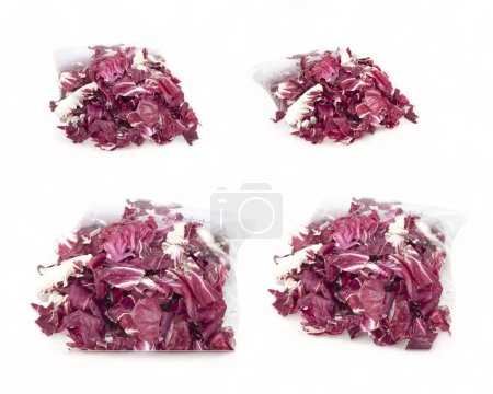 Four bags of chopped radicchio rosso isolated on a white background