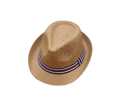 High-quality image of a straw fedora hat with a blue and red ribbon, isolated on a white background