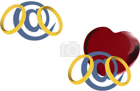Illustration for Heart and wedding rings meeting via the internet - Royalty Free Image