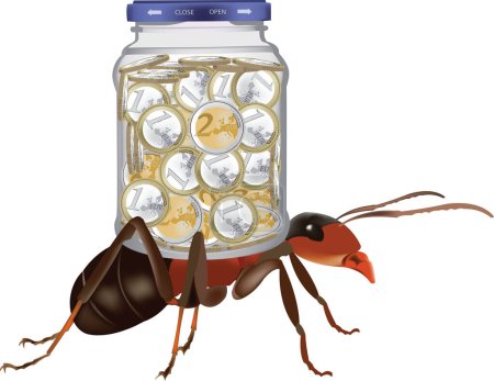 Illustration for Red ant carries on shoulders glass jar full of euros - Royalty Free Image