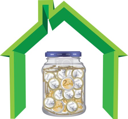 Illustration for Dwelling symbol with a glass jar of Euro coins - Royalty Free Image