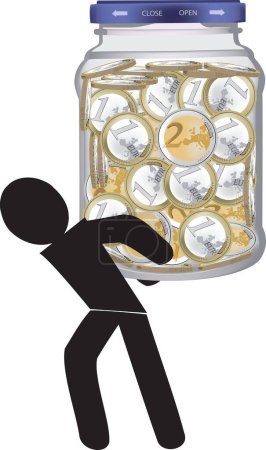 Illustration for Black man carries on his shoulders a jar of Euro coins - Royalty Free Image