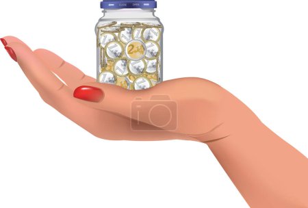 Illustration for Palm hand lifts glass jar full of euro coins - Royalty Free Image