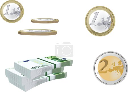 Illustration for Currency of the European Union two euros one euro, and 100 notes - Royalty Free Image