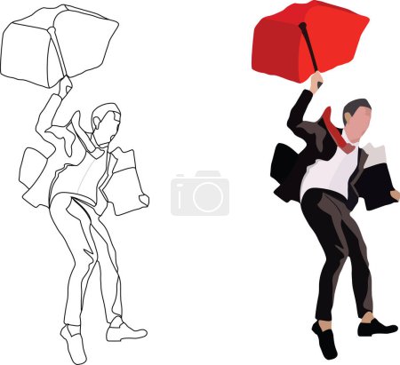 Illustration for Distinguished person with red umbrella is falling - Royalty Free Image