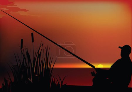 Ilustración de Pescador paisaje pantanoso pesca al atardecer - Imagen libre de derechos
