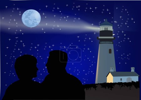 Illustration for Starry night a lighthouse makes light - Royalty Free Image