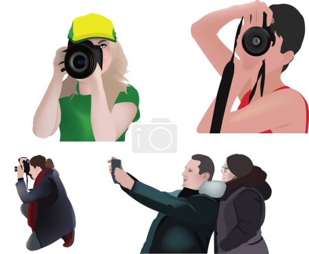 Téléchargez les illustrations : People in various positions taking pictures and taking selfies - en licence libre de droit