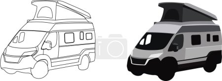 Téléchargez les illustrations : Small camping van with lifting roof - en licence libre de droit