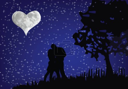 Téléchargez les illustrations : Couple d'amoureux s'embrassent sous le ciel étoilé avec la lune en forme de coeur - en licence libre de droit