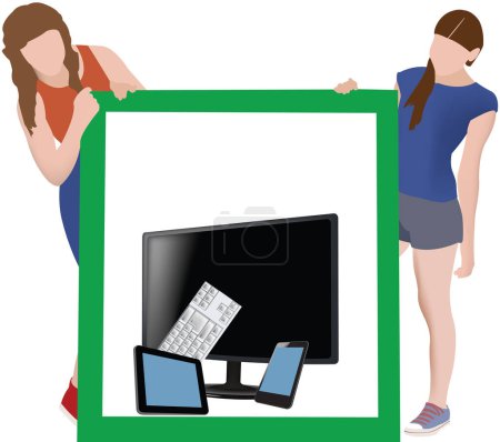 Illustration for Girls with cartel with technology purchases - Royalty Free Image